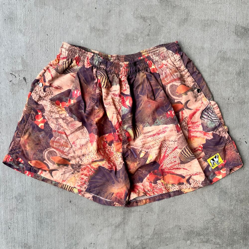 Vintage Y2K big dog fish nylon swim trunk shorts